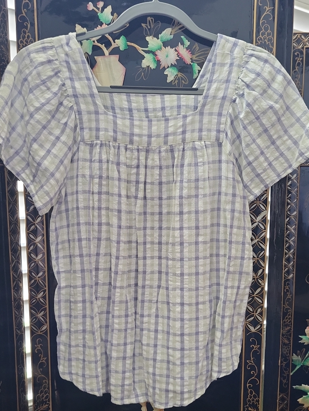 Lavender Plaid Square-Neck Cotton Tunic